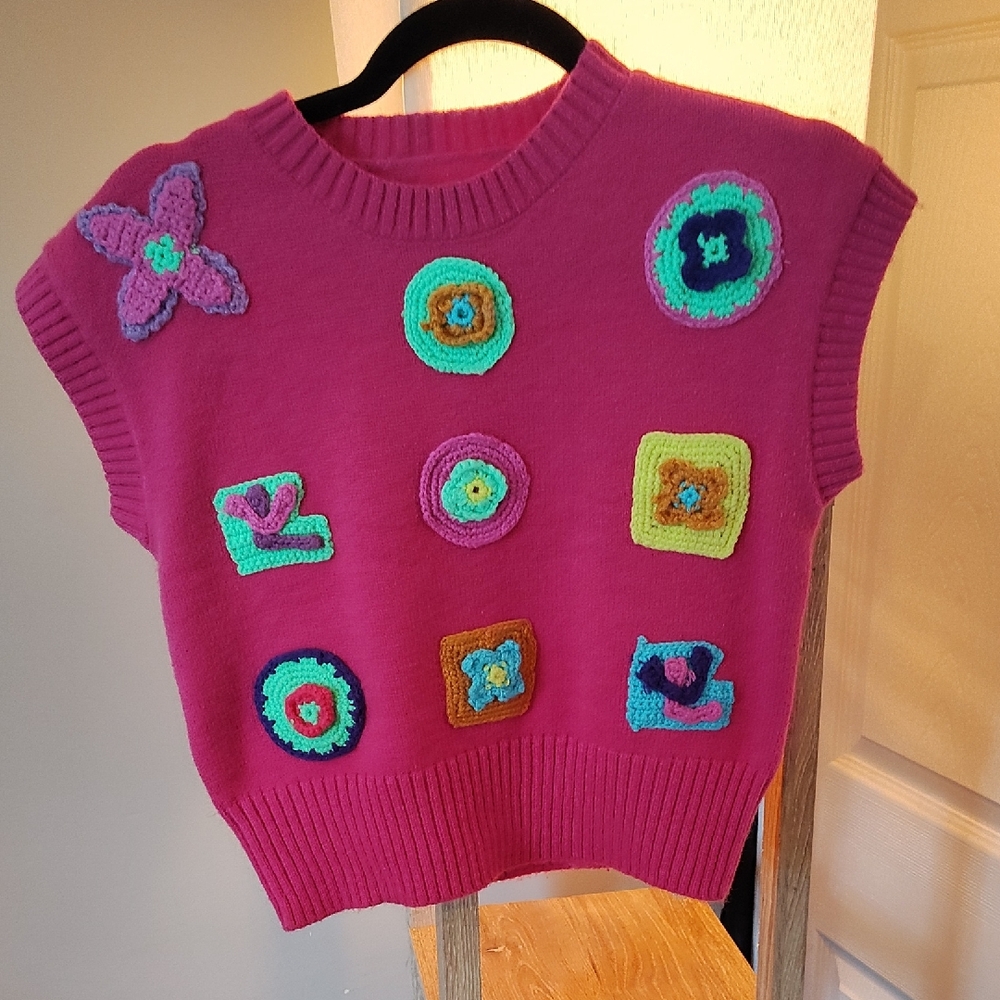 Pink Knit Tank Top with Colorful Crochet Accents
